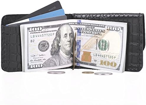 3-in-1 Texture Genuine Leather Mini Wallet (Money clip) for Cash, Cards, and Coins. Black.