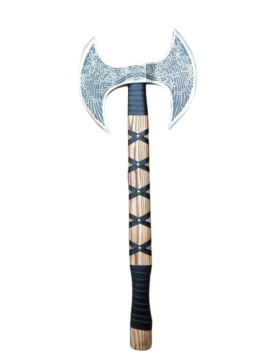 Photo 1 of * PLEASE SEE SECOND PHOTO FOR ACTUAL ITEM, DESCRIPTION IS APPROXIMATE * Hand-Forged Double Headed Viking Axe – 27" Odin's Carbon Steel Battle Hatchet with Leather Wrapped Wood Handle – Norse Style Throwing Axe for Camping, Collecting, Survival Gear, or Gi