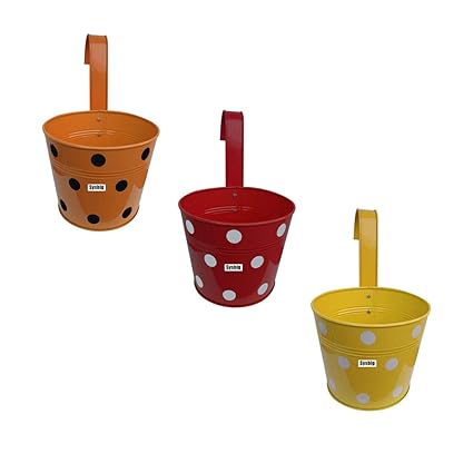 Kraftsplanet Indoor Garden / Balcony Decor Set of Three Polka Design Railing planters with Detachable Hooks.