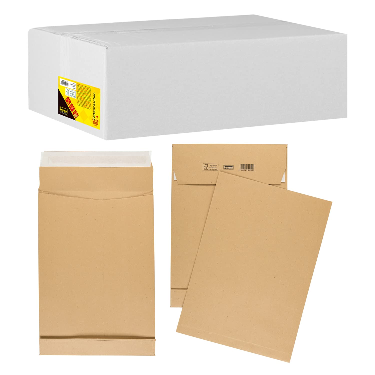 IDENA 10250 Folding Envelope C4 with 4 cm The Gusset Peel and Seal Wallet Envelope – Without Window, Pack of 100 – FSC 100% Recycled Natron Braun