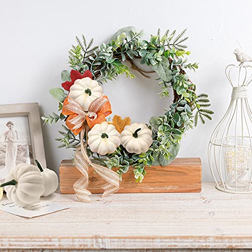 DomeStar Artificial Pumpkins Set, 12PCS White Fake Pumpkins with 30PCS Maple Leaves 1PC String Lights Fall Harvest Mini Pumpkins Faux White Pumpkins for Halloween Thanksgiving Decorations