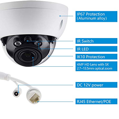 4MP HD Security POE IP Camera IPC-HDBW4433R-ZS, 2.7-13.5mm Motorized Varifocal Lens 5X Optical Zoom Home&Outdoor Network Surveillance Dome Camera, Micro Card,50m Smart IR,WDR,IP67 IK10,ONVIF