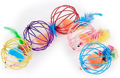 Citmage Pet Supplies Cat Toy Cat Playing Ball Mouse In The Small Steel Cage Ball With Beautiful Soft Feathers For Cats,Kitties,Kittens Random Color 2.4 Inch 1 PCS