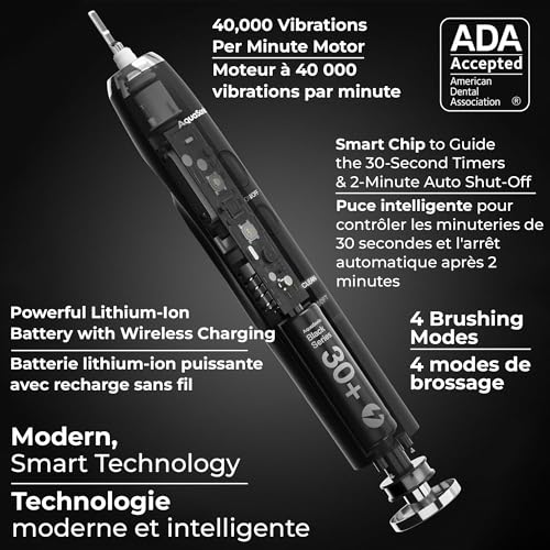 Aquasonic Black Series Ultra Whitening Electric Toothbrush | ADA Accepted Rechargeable Toothbrush, 8 Brush Heads & Travel Case, 40,000 VPM Electric Motor & Wireless Charging - 4 Modes with Smart Timer