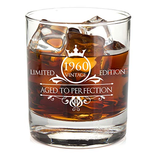 1960 60th Birthday Whiskey Glass for Men and Women - Vintage Funny Anniversary Gift Idea for Him, Her, Husband, Wife - 60 Year Old Gifts for Mom, Dad - Party Favors, Decorations - 11 oz