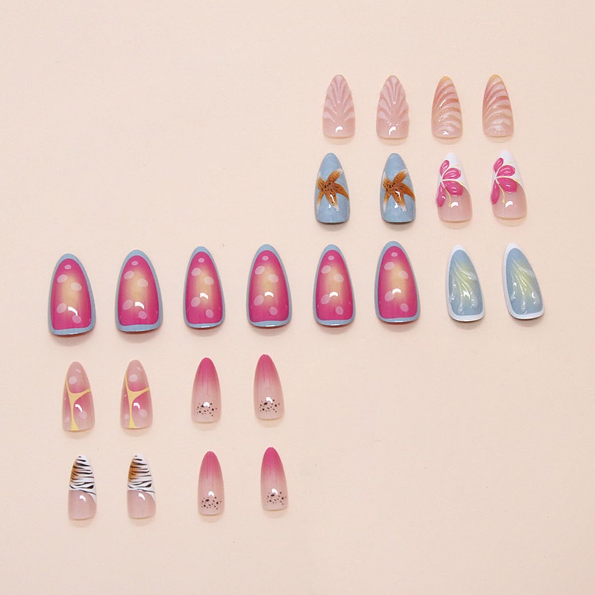 Summer Press on Nails Medium Almond Fake Nails 3D Mermaid False Nails Vacation Nails Press ons with Floral Starfish Designs Reusable Acrylic Nails Full Cover Stick on Nails for Women Manicure 24Pcs - Image 3