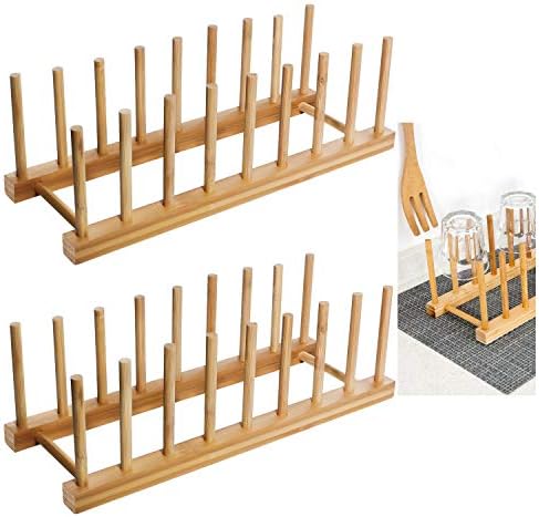 WINIT Bamboo Dish Drying Holder Rack, Vertical Plate Dishes Drainboard Drying Drainer Storage Holder Stand Kitchen Cabinet Organizer for Dish Plate Bowl Cup Pot Lid Book (2-Pack Large)