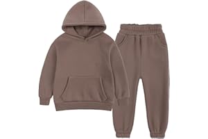 2 Pcs Youth Brushed Fleece Tracksuit Kids Solid Color Hooded Sweatsuit Thick Cotton Pullover Sweatshirt + Pants Outfits Set