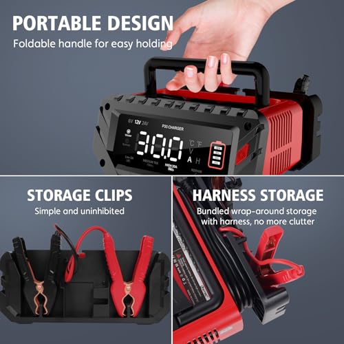 YHCHKJ 30 Amp 6V/12V/24V Smart Trickle Charger, Car Battery Charger, Lithium, Lifepo4, Lead Acid (AGM/Gel/SLA) Battery Maintainer, Desulfurizer for Car, Boat, Motorcycle, Lawn Mowers