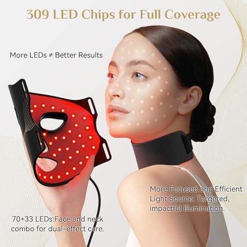 FOLOKE LED Light Therapy Mask Skin Care ， LEDs face mask & neck mask Red - Wavelength for Home Use, – Advanced Skincare Made Easy（Black）