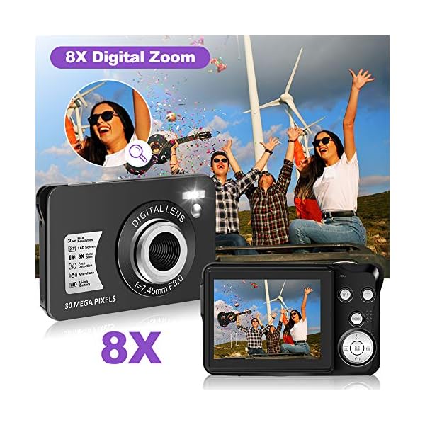 Digitalkamera, Kompaktkamera 30MP 2,7-Zoll- mit 8X Digitalzoom Fotoapparat Digitalkamera mit 32 GB SD-Karte und 2… – Bild 3