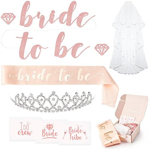 Rose Gold Pink Bachelorette Party Decorations Kit - Bridal Shower Supplies | Bride to Be Sash, Rhinestone Tiara, Pre-Strung Banner, Veil + New Bride Tribe Flash Tattoos (Rose Gold)