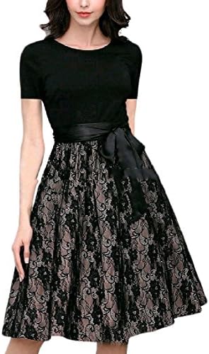 MirrorWomen Mirror Womens Short Sleeve Lace Stiching Splice Ball Gown Lace Up Detail Midi Swing Dress Black XS