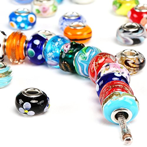 Naler 50PCS Spray Painted Glass European Beads with Silver Brass Cores Large Hole Beads, Mixed Color - Thumbnail 3