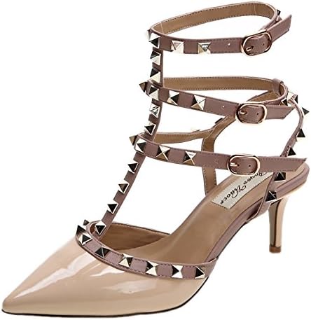 Royou Yiuoer Fourteen Colors Women's Patent Leather Buckle Studded Sandals T-Strap Kitten Pumps Dress Sandals