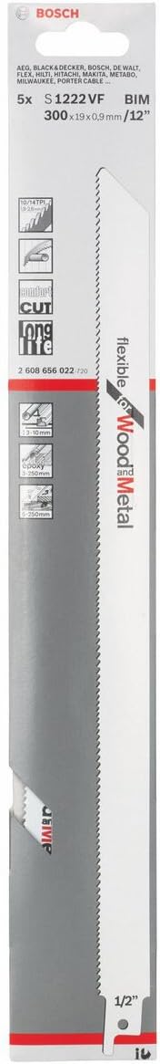 Bosch Professional 5 pieces Sabre Saw Blade S 1222 VF Flexible for Wood and Metal (Length 300 mm, sabre saw accessories) - Image 3