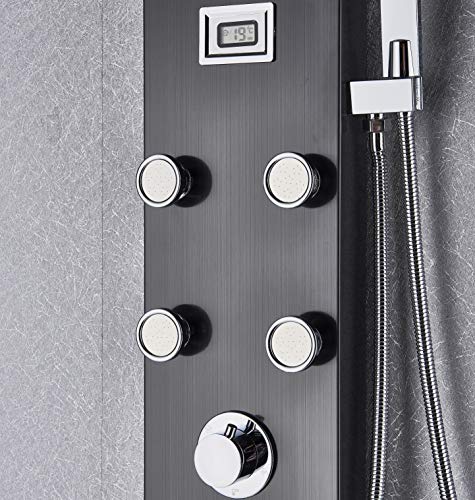 Rozin Thermostatic Rain Waterfall Shower Panel Set Tub Spout + Massage Body Jets + Handheld Spray Ti-Black Finish