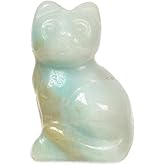 Justinstones Carved Natural Amazonite Cat Guardian Statue Home Decor Reiki Chakra Healing Crystal Desk Gemstone Decoration Stone Crafts Gemstone Collectible Gift