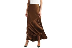 SEBOWEL Women Satin Skirt Silk A Line Swing Ruffle Pleated Cocktail Skirts Silky High Low Tiered Long Maxi Skirt with Split