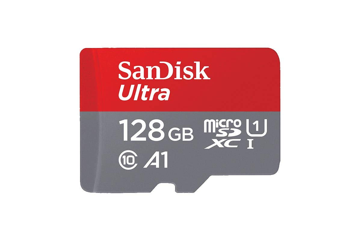 SanDisk Ultra 128GB microSDXC Speicherkarte bis zu 100 MB/Sek, Class 10, U1, A1, SDSQUAR-128G-GN6MN Grau, Rot