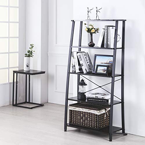 FIVEGIVEN 5 Shelf Ladder Bookshelf Tall Modern Office Book Shelf Wood Look Metal Frame Open Bookcase Brownish Black - Thumbnail 3