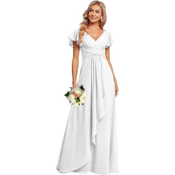 long empire waist bridesmaid dress with short flutter sleeves Flutter Sleeve Crepe Bridesmaid Dress main image 0