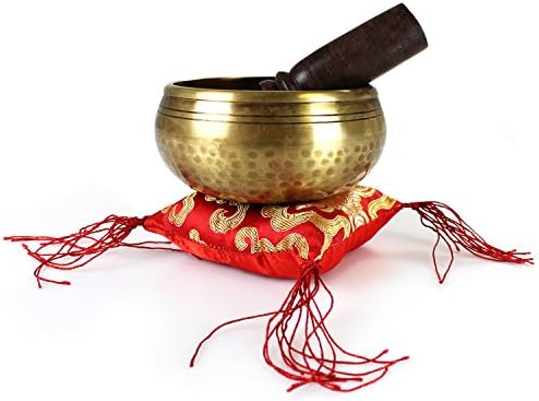 Eye of Buddha Traditional Tibetan Crafstmanship Hand Hammered Singing Bowl Set With Mallet &amp; Red Silk Cushion For Meditation, Chakra Healing, Prayer, Yoga, and Mindfulness - 3.75 Inches