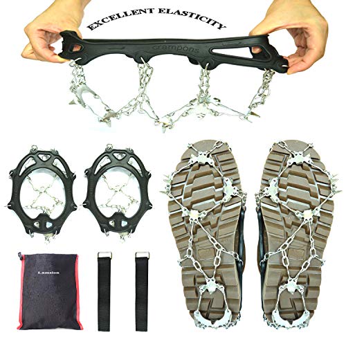 Lamsion Ice Cleats Crampons Traction Snow Grips for Shoes Boots Women Men Anti Slip 19 Snow Spikes for Walking Climbing Jogging Hiking Mountaineering (Black, Large)