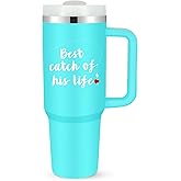 Fisherman Gift for Couples Tumblers Set, Best Catch of His Life Tumbler with Straw & Handle, 40 oz Stainless Steel Travel Mug for Newlyweds Engagement Wedding Bridal Shower Anniversary Presents