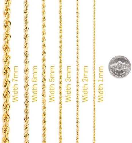 Life Time Warranty 1mm 2mm 3mm 4mm 5mm 7mm Gold Rope Chain necklace for men women (16, yellow-gold2mm)