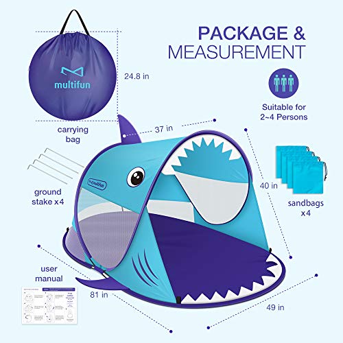 multifun Pop Up Tent, UPF 50+ Beach Tent Large 3-4 Person Sun Shelter, Instant Sunshade, Waterproof Portable Beach Shade, Windproof Sport Umbrella, Easy Setup, Picnics, Hiking, Camping, Fishing-Shark multifun Pop Up Tent, UPF 50+ Beach Tent Large 3-4 Person Sun Shelter, Instant Sunshade, Waterproof Portable Beach Shade, Windproof Sport Umbrella, Easy Setup, Picnics, Hiking, Camping, Fishing-Shark