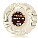 Elite Selection Pack of 50 Dinner Disposable Plastic Plates Ivory Cream Color With Gold Swirl 10.25-Inch