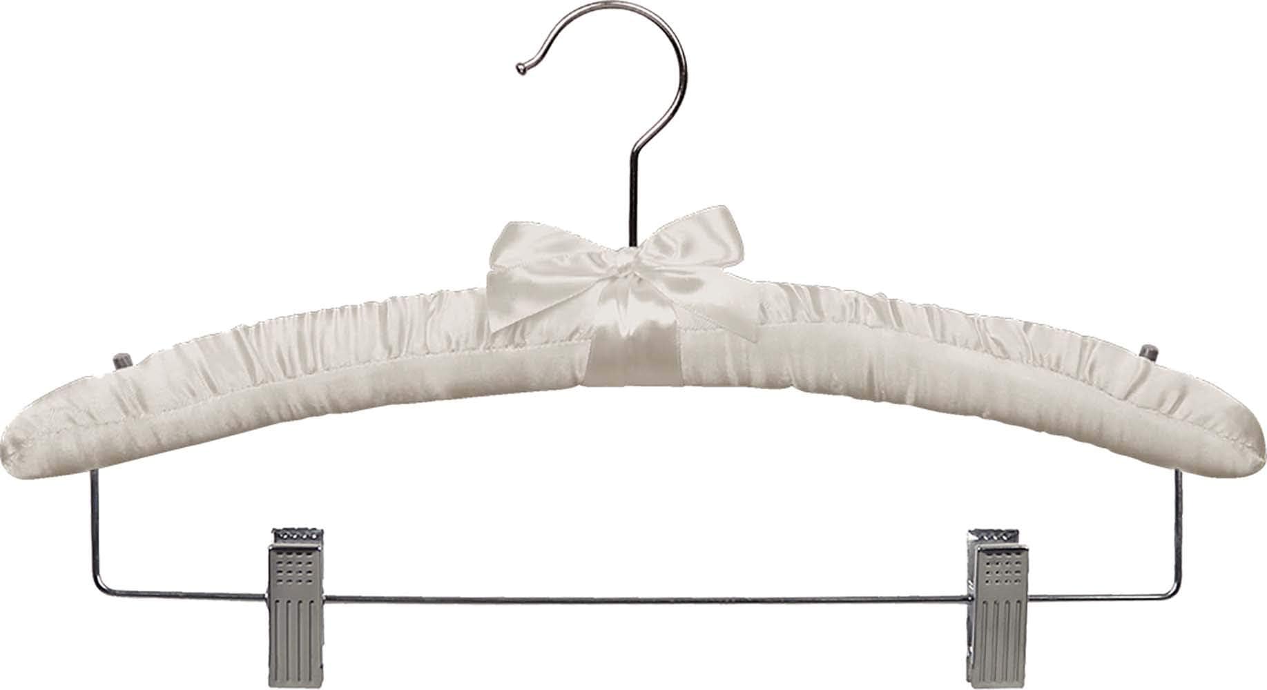 Ivory Satin Padded Combo Hanger with Clips in 16" Length X 1" Thick with Chrome Hardware, Box of 24
