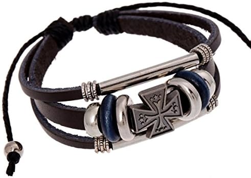 Most Beloved Black Leather and Beads Cross Charm Adjustable Bracelet with Metal Woven