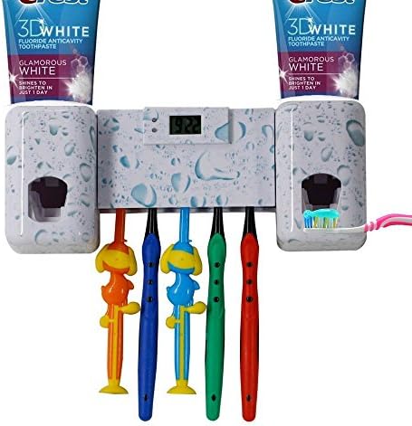 Automatic Toothpaste Dispenser Double Toothpaste Squeezer Kids Hands Free with Electronic Timer 5 Toothbrush Holder with Super Sticky Strip - Shower Bathroom Accessory set (White)