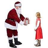 Christmas Santa Claus Costume with Beard,Velvet Men's Deluxe Santa Suit,Wine Red,M to L