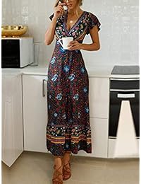 TEMOFON Vestido de mujer Bohemio Floral Impreso Verano Casual Manga Corta V-Cuello Alto Split Étnico Maxi Vestido