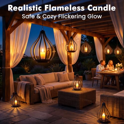 Solmora Set of 2 Solar Lantern Outdoor Hanging LED Candle Lights Flickering Flame Effect IP65 Outdoor Garden Decoration for Christmas, Halloween, Balcony, Patio, Camping