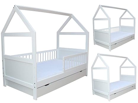 Kinderbett/Juniorbett Bett Haus 160x70cm mit Matratze und Schublade weiss