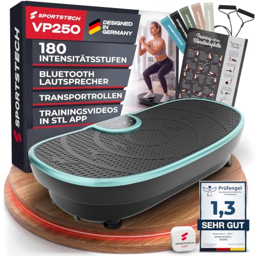 Sportstech Vibrationsplatte VP250 | Deutsche Qualitätsmarke | Curved Slim Design | Fettverbrennung & Muskelaufbau | leiser Motor mit 180 Stufen | 7+1