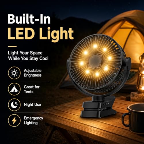 8.3 Inch Clip on Fan with Remote, 12000mAh Battery Operated Rechargeable Desk Fan with LED Light, Timer & Power Display, 4 Speeds Portable Fan for Golf Cart, Camping Tent, Travel, Office, Outdoor | 12000 mAh battery, battery level indicator, LED light, timer