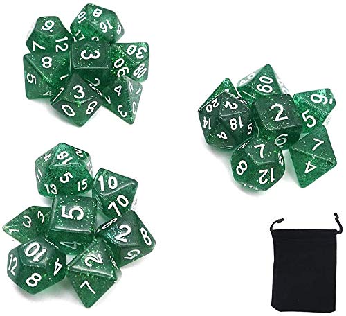 DollaTek Glitter Point Polyhedral Dice Set Table Games Dice 3 Sets Dice 3 x 7 (21 Pieces) Die Series D20 D12 D10 D8 D6 D4 DND dice DND RPG MTG Double Colors One Piece (Green)