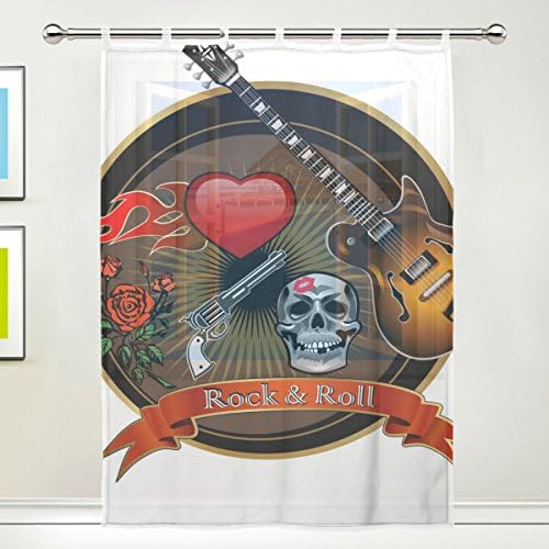 1 Piece Tulle Voile Window Room Decoration Sheer Curtain,Cartoon Music Guitar Skull,Single panel Gauze Curtain Drape Panel Valance 55 x 78 inch