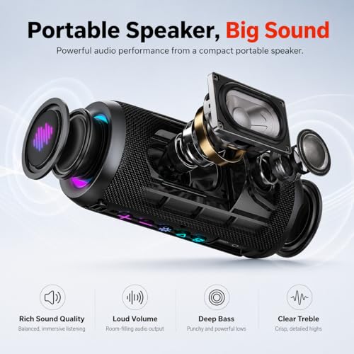 TIMU Altavoz Bluetooth 5.4 Potente, 25W Altavoces Bluetooth con 2 Modos EQ, Correa de Transporte, Compatible con PC, 8 Modos RGB, 24H de Reproducción, Emparejamiento TWS, IPX7, Micro SD y AUX