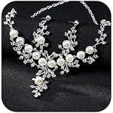 wekicici Bridal Neckalce Earrings Set Fashion Elegant Pearl Bride Set Silver Rhinestone Drop Earrings Choker Dangle Necklace Sets for Women Wedding Gift