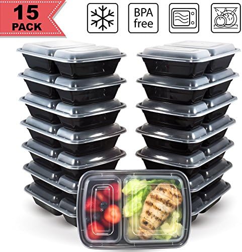 [15 Pack] FreshPREP Meal Prep Containers - Reusable, Stackable, BPA Free, Microwave, Freezer & Dishwasher Safe Fitness Meal Containers - Food Prepping Portion Control Container - 2 Compartment - 32oz