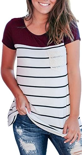 Boloren Women Short Sleeve Round Neck T Shirts Color Block Striped Causal Blouses Tops