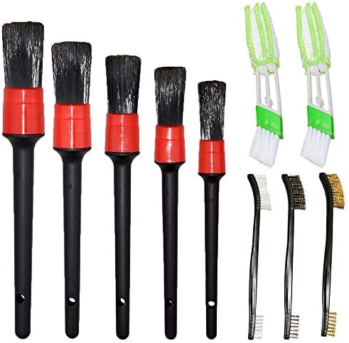 YiSherry 10 Pcs Auto Detailing Brush Set for Cleaning Wheels, Interior, Exterior, Include 5 pcs Premium Detail Brush and 2 pcs Automotive Air Conditioner Cleaner and 3 pcs Double Wire Brush
