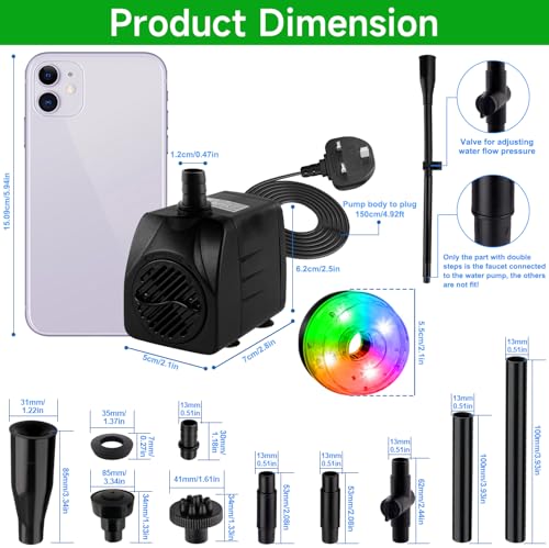 NATPOW Submersible Water Pump, 800L/H Mini Fountain Pump with RGB LED Lights Ultra-Quiet, 3M Cable Pond Pump with 4 Nozzles for Water Feature, Aquarium Fish Tank, Outdoor Fountain