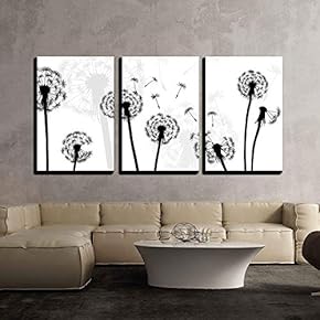 3 Piece Canvas Wall Art - Black and White Style Dandelion - Modern Home Art Stretched and Framed Ready to Hang - 16"x24"x3 Panels